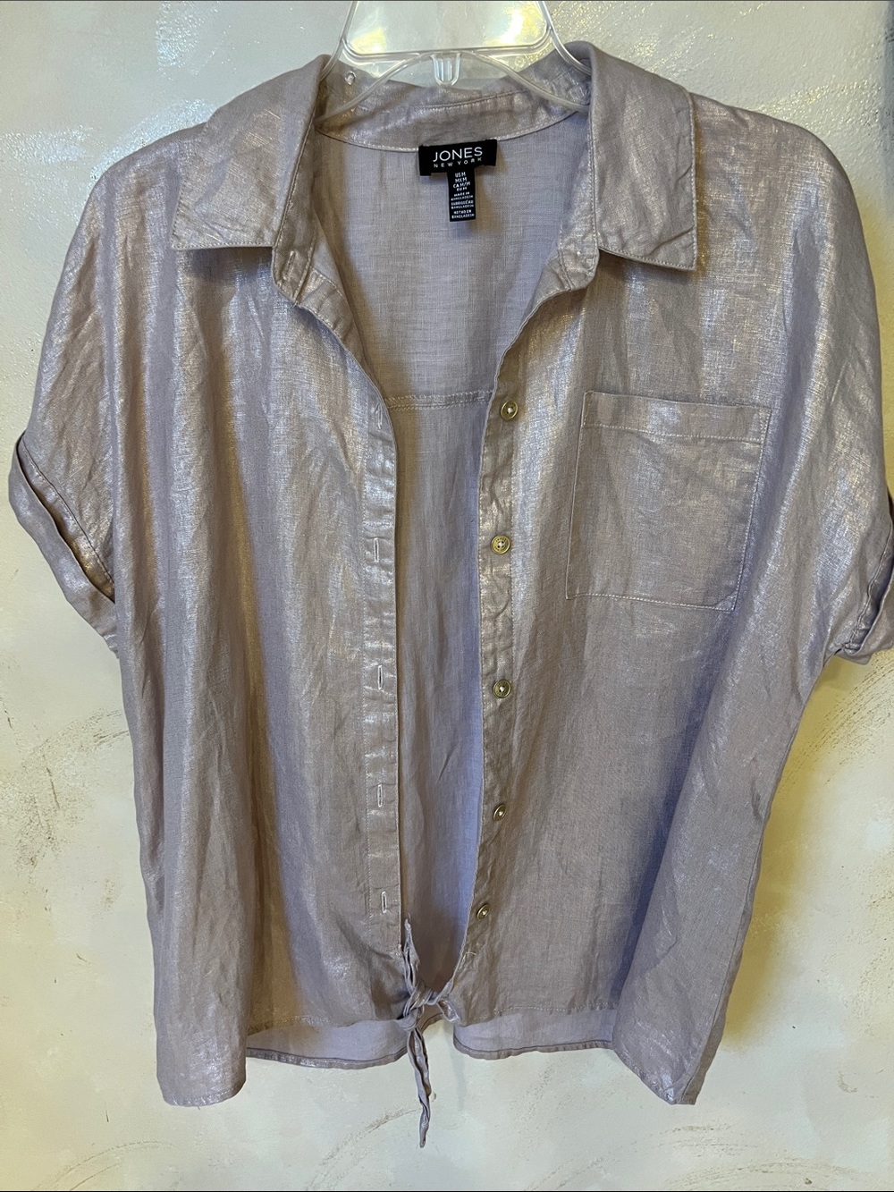 Jones New York Light Lavender Shimmer Button-Front Tie Hem Shirt